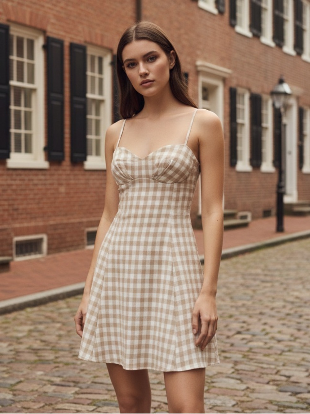 Promesa Gingham Checkered Cream & Oatmeal Mini Dress With Sweetheart Neckline - Picture 1 of 7